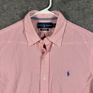 Ralph Lauren Men's Large Shirt Button Down Pink White Stripe Short‎ Sleeve Pony